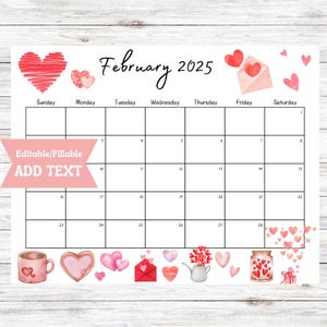 Calendario de febrero de 2025 editable e imprimible, planificador de actividades, calendario de aula, descarga digital, calendario del día de San Valentín con corazones