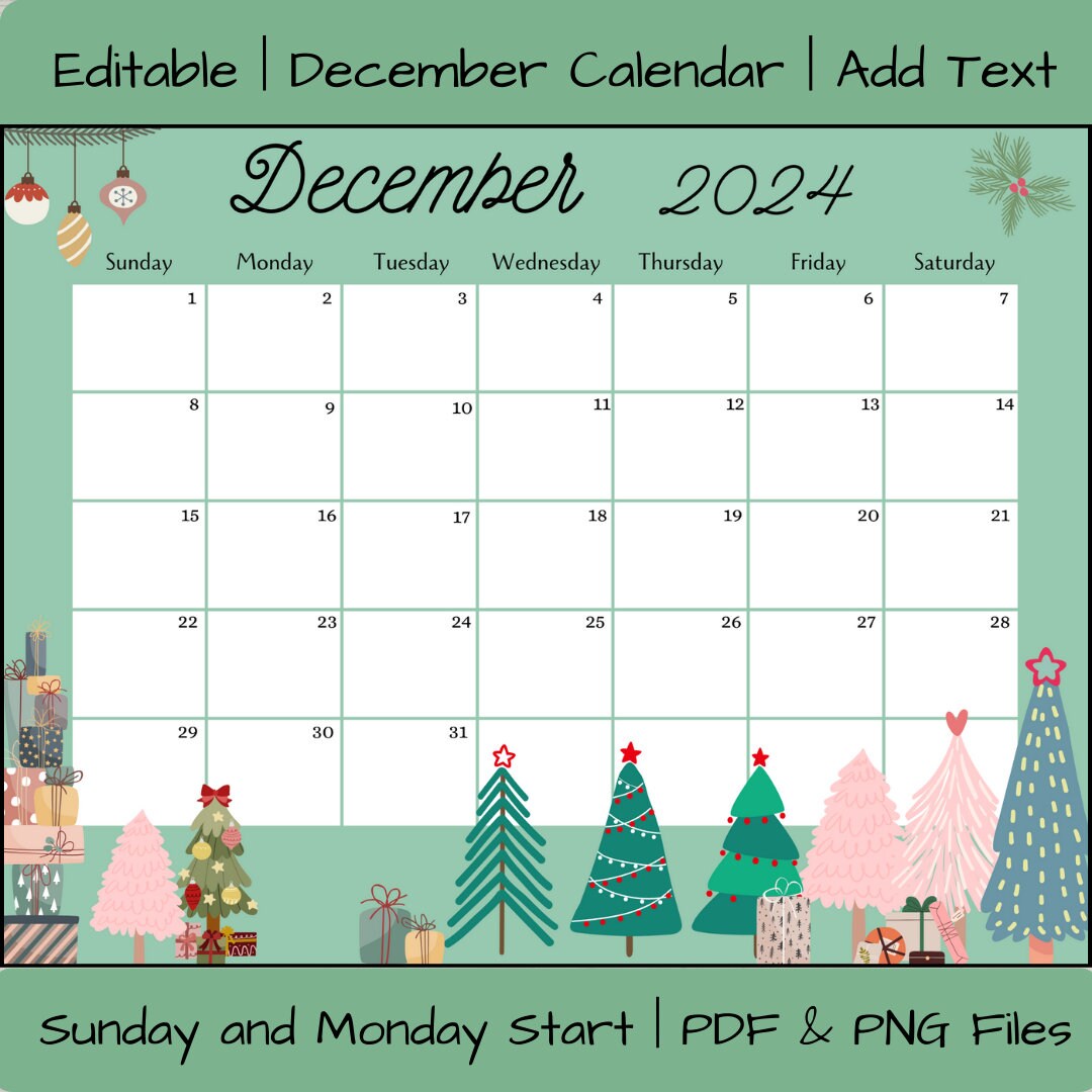 Editable December 2024 Calendar PDF Template, Christmas Countdown Calendar  2024, Printable December Calendar Template, Activity Calendar - Etsy
