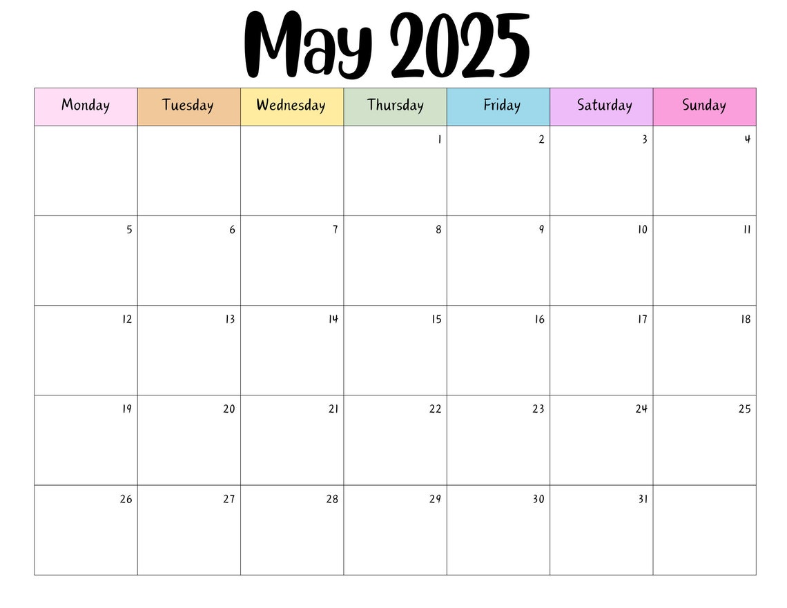 Editable may 2025 calendar printable activity planner rainbow