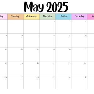 Editable May 2025 Calendar Printable Activity Planner, Rainbow ...