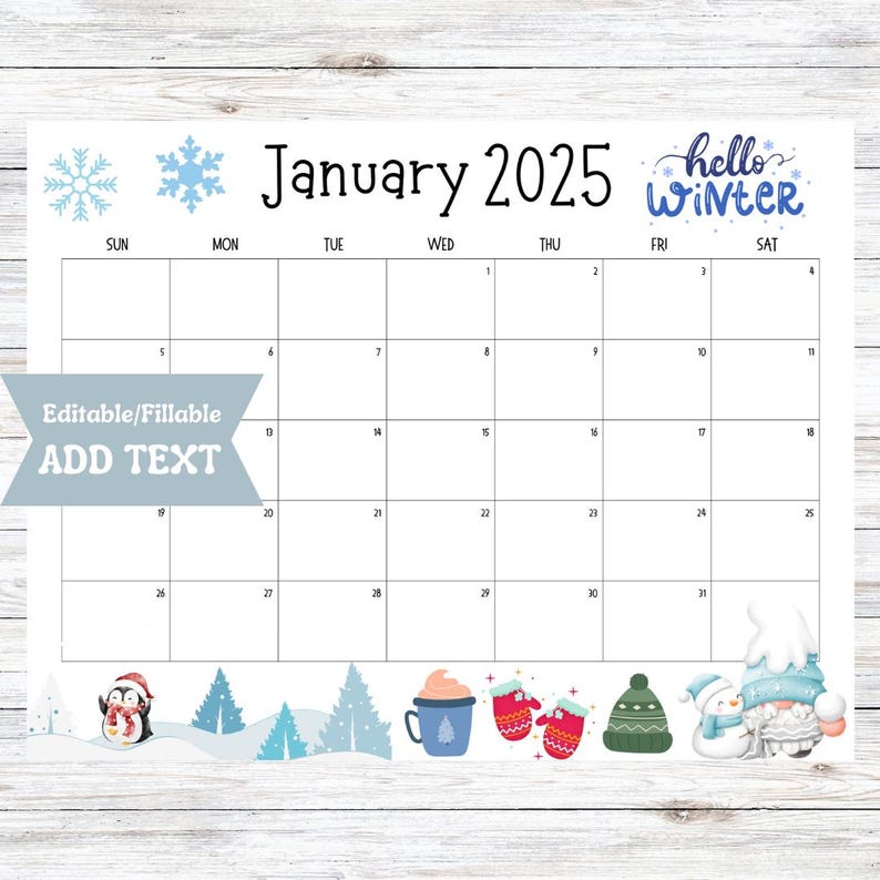 Editable January 2025 Calendar PDF Template, Winter 2025 Digital