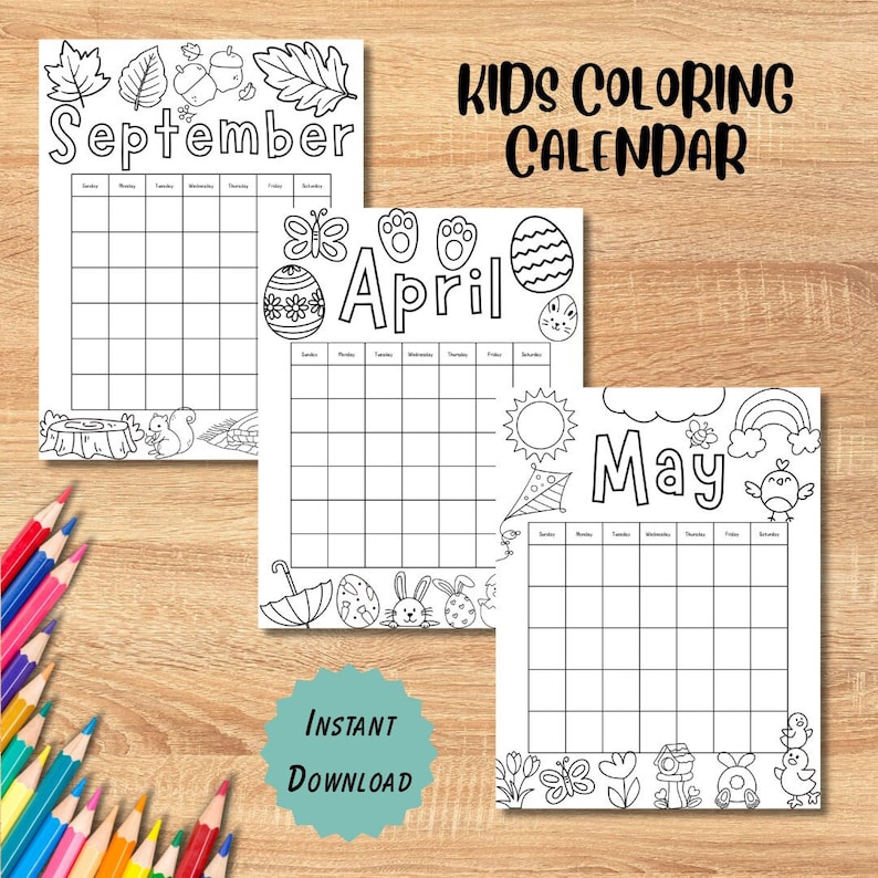 Printable Kids Coloring Calendar, Undated 12 Monthly Calendar ...