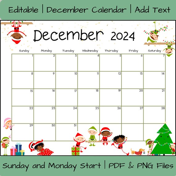 Editable december 2024 calendar, printable christmas countdown template,  elf kit calendar activity planner, organize elf activities - etsy