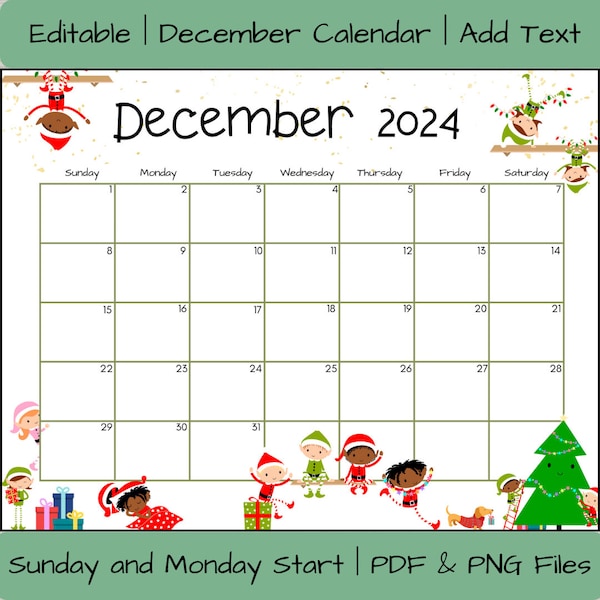 Editable December 2024 Calendar, Printable Christmas Countdown Template, Elf Kit Calendar Activity Planner, Organize Elf Activities