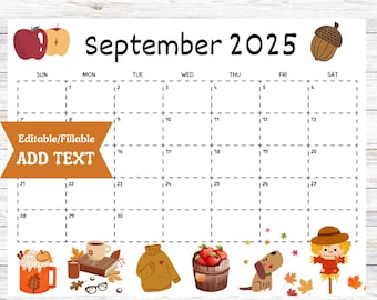 Editable September 2025 Calendar, Printable Fillable Digital Download, Fall Autumn Organizer, Cute Pumpkins Apples Leaves