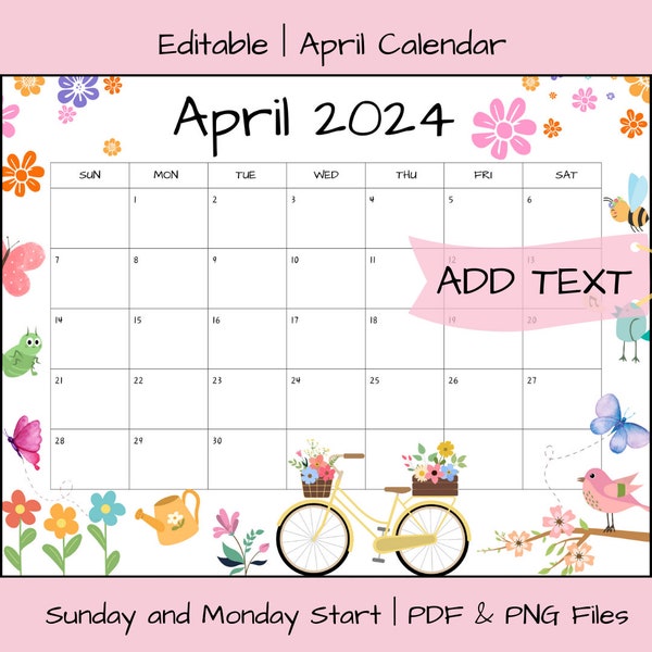 EDITABLE April 2024 Calendar PDF Template, 2024 Calendar, Printable April Calendar Template, Activity Calendar, Digital Download Fillable