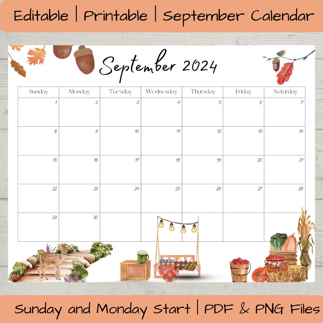 Editable September 2024 Calendar PDF and PNG Template, Printable ...
