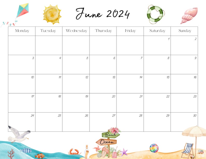 Editable June 2024 Calendar PDF and PNG Template, Printable June