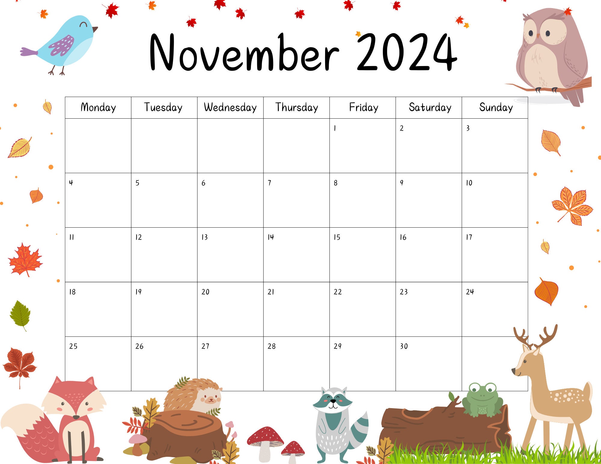 editable-november-2024-calendar-fillable-printable-digital-download-for-home-work-and-school-cute-woodland-animals-thanksgiving-plan-etsy