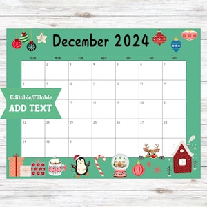 Calendário editável de dezembro de 2024, download digital para impressão preenchível, planejador vermelho de Papai Noel de Natal, cronograma de sala de aula, plano de reuniões de escritório