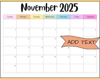 Editable November 2025 Calendar, Printable Wall Calendar, Digital Download, Fall Calendar, Rainbow Calendar, Office School Planner