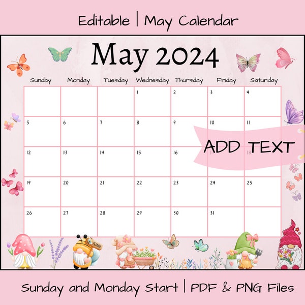 EDITABLE May 2024 Calendar, Printable Wall Calendar, Digital Download, Office School Planner, Gnomes and Butterflies Spring Calendar