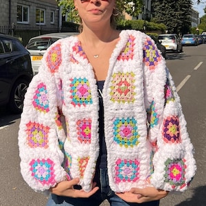 Handmade Granny Square Crochet Cardigan: Colorful Boho Patchwork Sweater