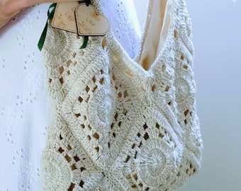 Handmade Crochet Beach Bag in Off-White - Boho Shoulder Tote Purse for Women, Cream Blue Green Pink