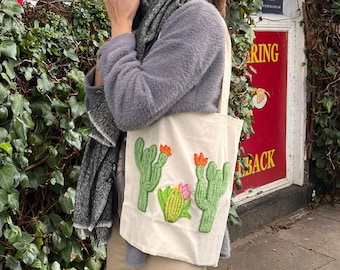 Personalized Punch Needle Cactus Tote Bag: Handmade Cotton Canvas Shopping Bag