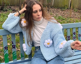 Handmade Blue Daisy Knit Cardigan: Floral Crop Sweater