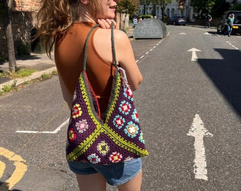 Bolso de abuela cuadrado de crochet: bolso tote vintage bohemio de algodón