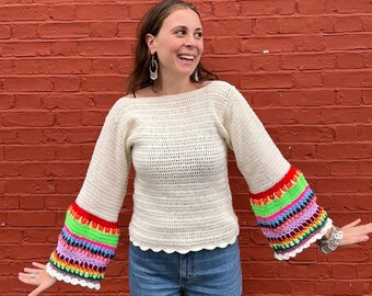 Hand-Knitted Rainbow Crochet Sweater: Big Sleeves, Organic Cotton