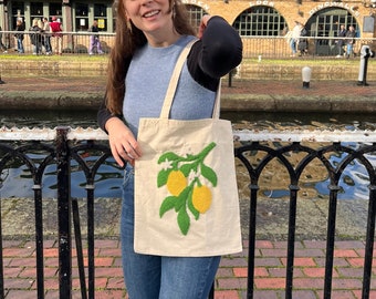 Personalized Punch Needle Lemon Tote Bag: Handmade Cotton Canvas