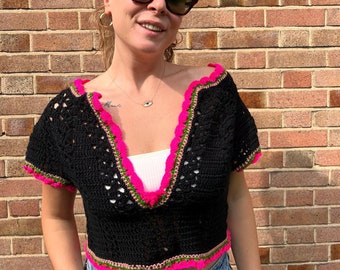 Top corto de crochet tejido a mano: chaleco de jersey de lyocell con cuadrados de abuela