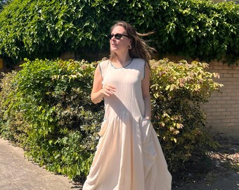 Vestido largo bohemio de lino con bolsillos: estilo bohemio veraniego de gran tamaño