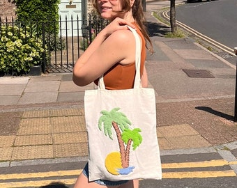 Custom Palm Tree Cotton Tote Bag: Punch Needle Embroidered Beach Bag