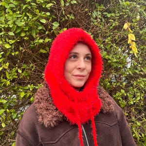 HandKnit Adult Bow Tie Bonnet,  Winter Warm Bonnet, Red Balaclava, Cozy and Soft Hat, HandKnit Balaclava, Handmade Snow Mask