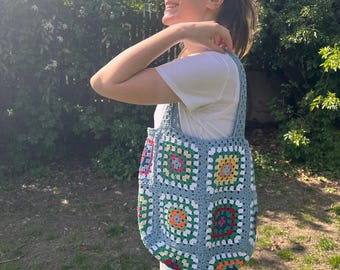 Granny Square Bag, Crochet Handle Bag, Crochet Bag, Boho Bag, Shoulder Bag, Granny Square Blue Bag, Tote Bag, New Mom Gift, Unique Handbag