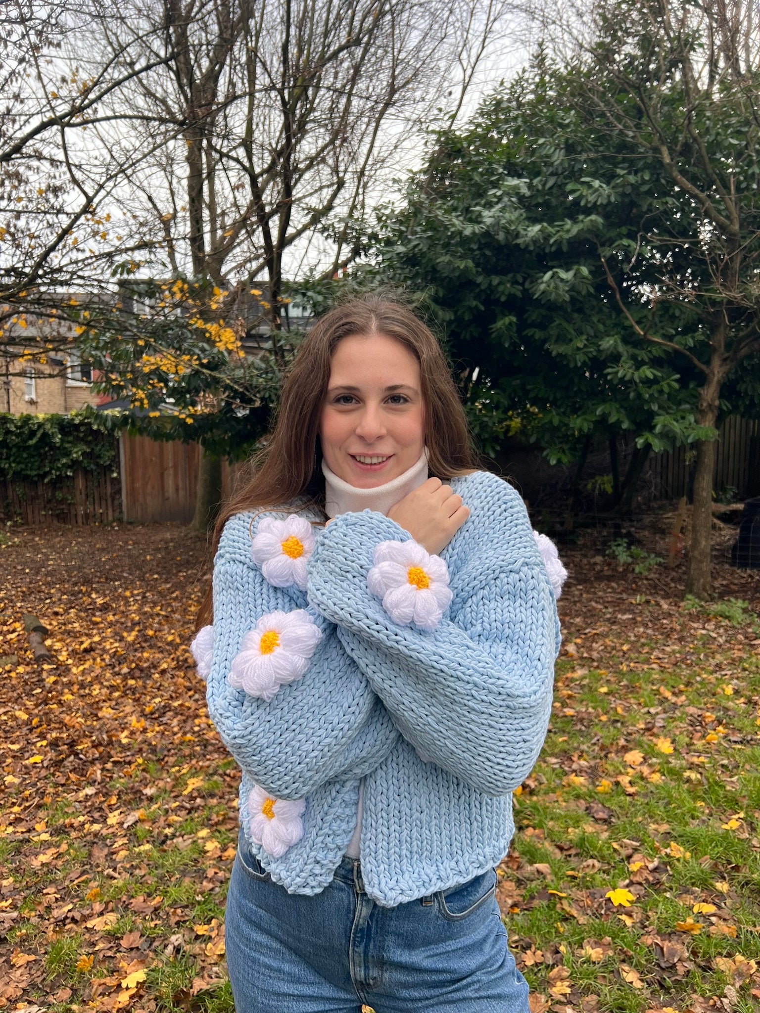 Customised Knit Blue Daisy Cardigan Embroidery, Blue Thick Customised Knit Blue Daisy Cardigan Embroidery, Blue Thick
