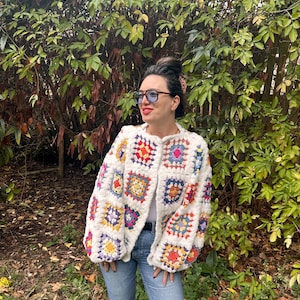 Customizable Handmade Crochet Granny Square Cardigan for Women • Boho Long Crochet Sweater • Unique Gift, Warm Knit Jacket