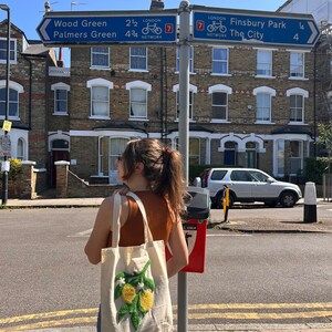 Pu&ograve; includere: Una donna &egrave; in piedi su un marciapiede di fronte a una fila di edifici in mattoni. Porta una borsa tote bianca con un design di limone ricamato. La borsa ha una tracolla marrone. Ci sono cartelli stradali sullo sfondo che indicano "Wood Green, Palmers Green, Finsbury Park, The City".