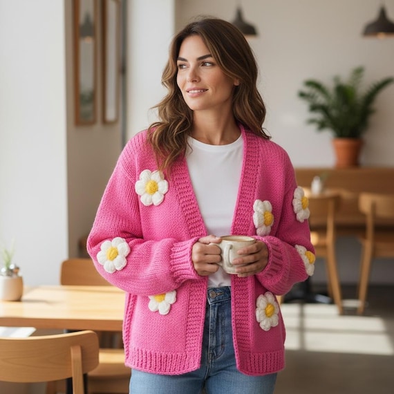 Handmade Chunky Knit Cardigan With Daisy Embroidery | Floral