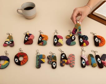 Personalized Punch Needle Initial Keychain Keyring, Custom Colorful Initial Bag Charm