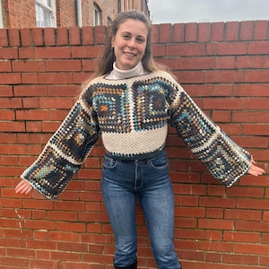 Beige Brown Crochet Wool Sweater, Crop Top, Knit Jumper, Pullover, Handmade Knitwear, Custom Colours and Sizes