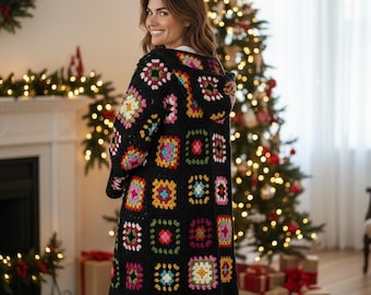 Handgefertigte Lange Häkeljacke, Frauenpullover, Frauenmantel, Winter-Grobstrickjacke, Afghanische Musterjacke, Boho-Pullover, Hoodie-Pullover