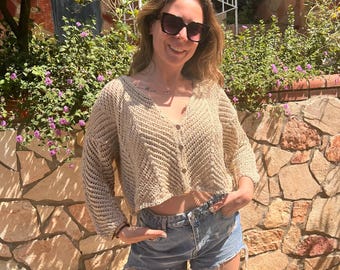 Handmade Mercerized Cotton Crochet Top: Boho Knit Summer Layering Piece