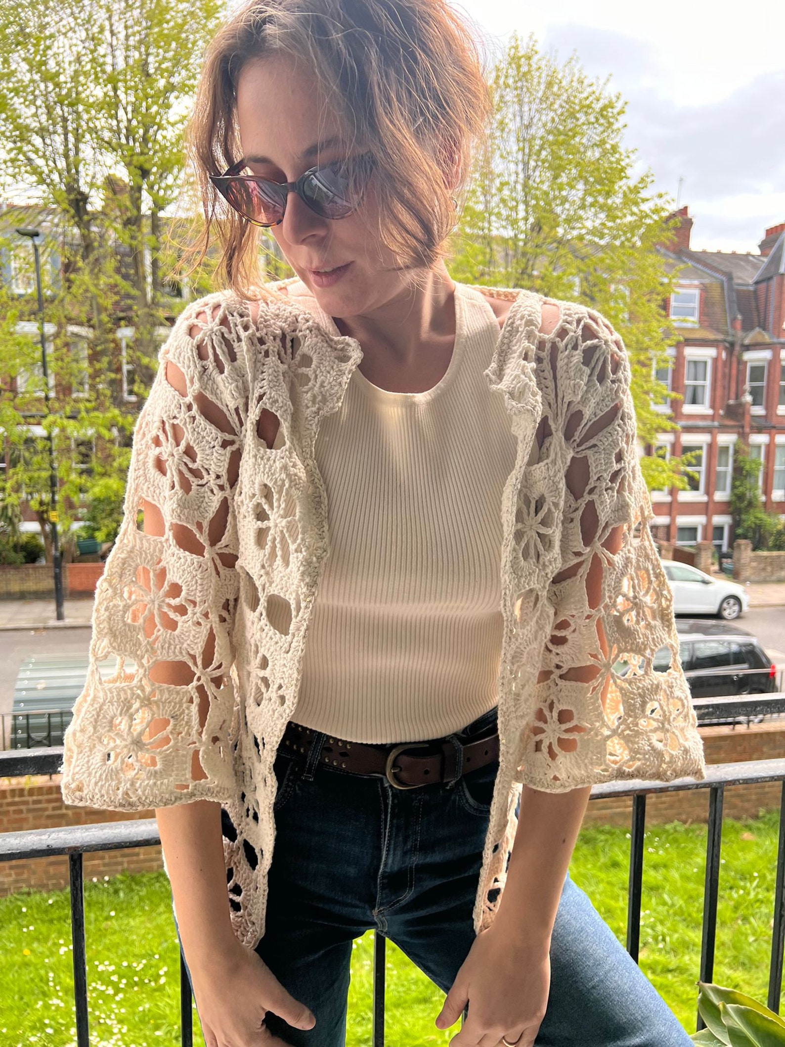 Wildflower Embroidered Openwork Detail Cotton Cardigan in Cream