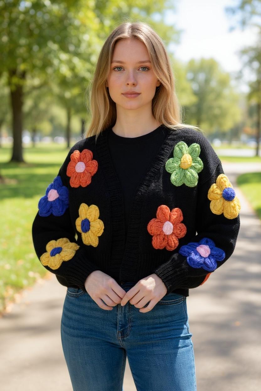 Handmade Knit Blue Daisy Cardigan: Women's Crop Sweater - Etsy