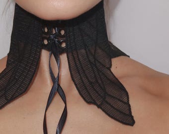 Collar con forma de ala de mariposa: collar de tul de fantasía, accesorio estilo Fairycore con cordones de corsé.