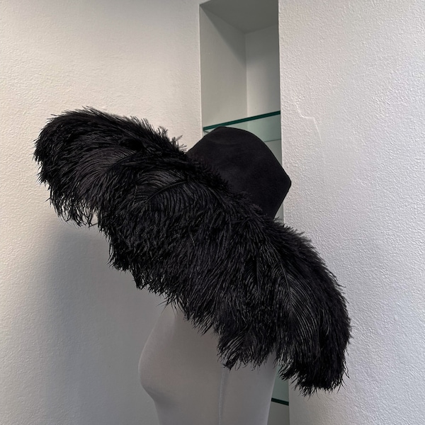 Couture large elegant hat with Black Ostrich feathers