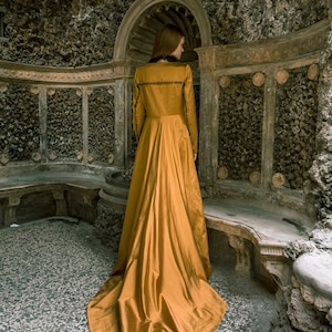 Gold Silk Asymmetric Gown: Elegant Formal Dress with Czech Buttons