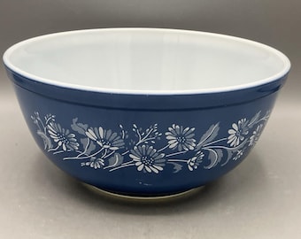 Bol mélangeur vintage PYREX Colonial Mist n° 403, 2,5 L, motif marguerites bleu et blanc