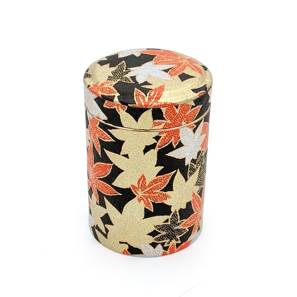 Small Tin for Tea or Snacks, Chiyogami Washi Paper Autumn Leaves in gold and black