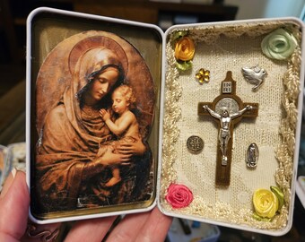 Handmade Catholic Pocket Shrine - Silver Cross Inside, Embroidery, Portable Devotional Altar, Prayer Gift