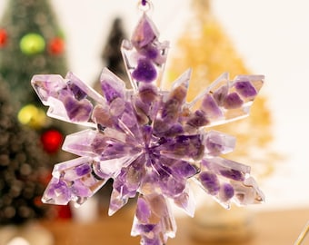 Ametistkristall snöflinga juldekoration hängande dekoration | Handgjord av riktiga ädelstenar och harts