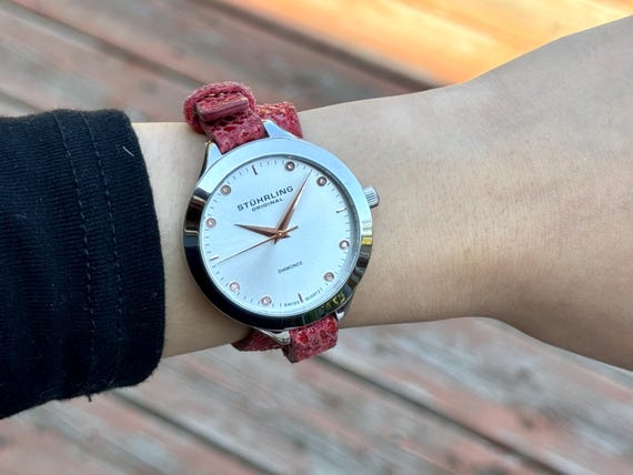 Beautiful Vogue Silver tone Dial Ladies Watch 38mm Case Diamond Hour Markers Red Leather Strap by Stuhrling Original Etsy