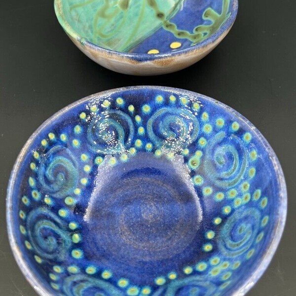 Earthworks Barbados Pottery Bowl Set of 2 Abstract and Celestial Pattern, Retro Gift for Him Her