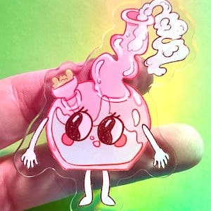 May include: A pink cartoon potion bottle sticker with a smiling face, arms, and legs. The bottle has a cork and a wisp of smoke. The sticker is on a clear background.