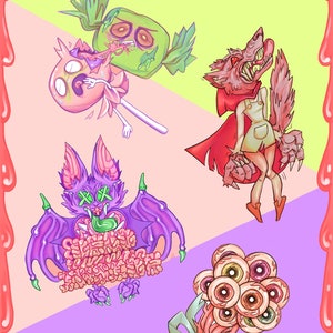 May include: A set of four Halloween-themed stickers featuring a candy, a bat, a werewolf, and a bouquet of eyeballs. The stickers are in a cartoon style and have a bright color palette.