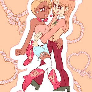 May include: A sticker featuring a cartoon couple in cowboy attire. The woman is wearing a pink dress and a red cowboy hat, while the man is wearing a brown suit and a red cowboy hat. The text "PARDNERS" is written in pink letters below the couple.